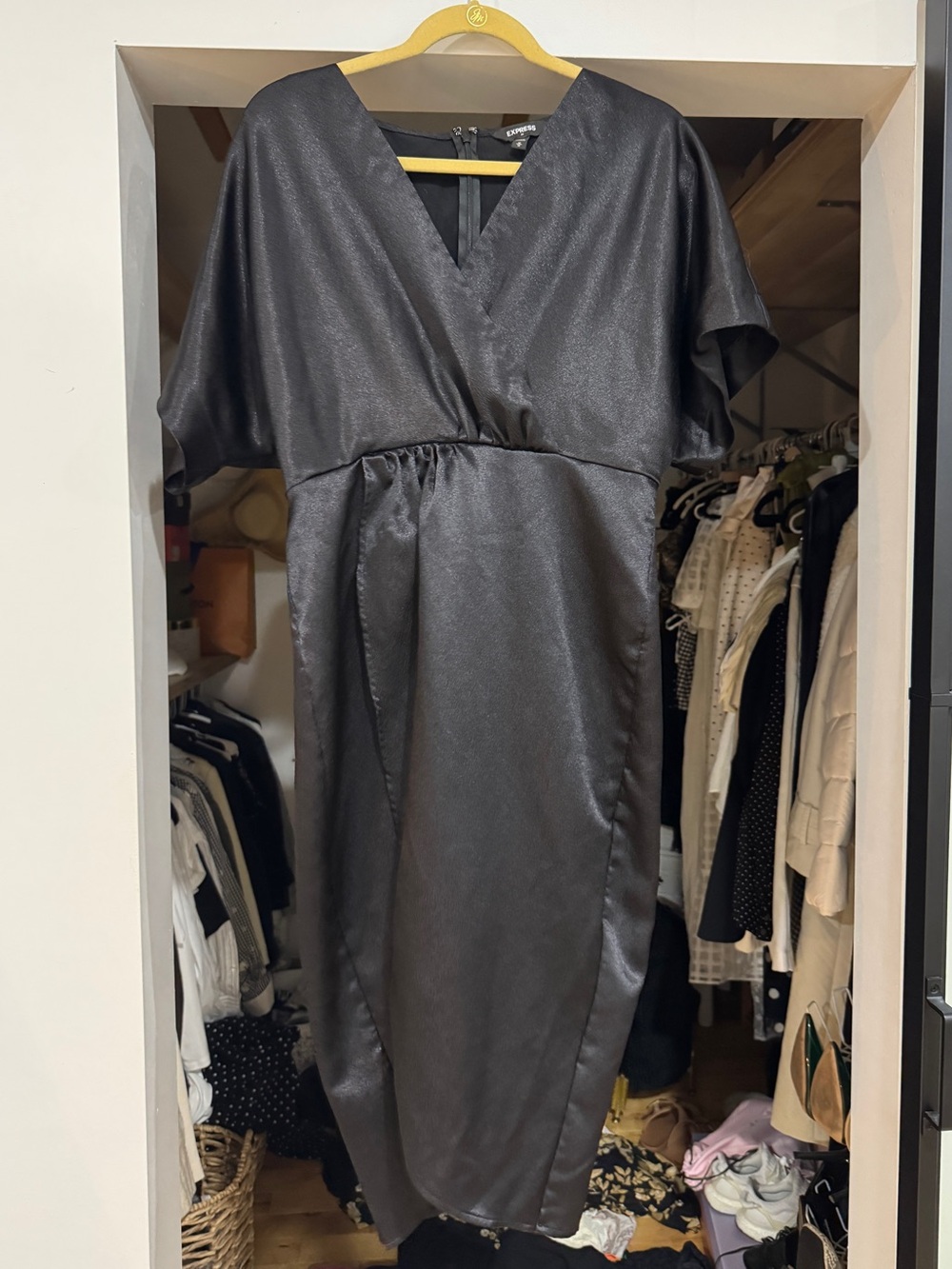 Express Black Satin Tulip Wrap Midi Hem V-Neck Dress
